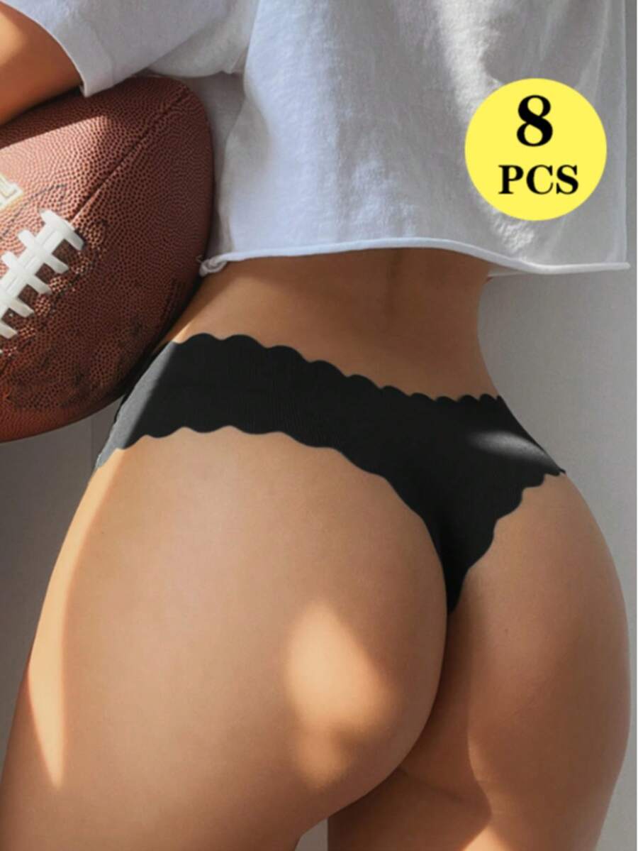 8 PcsWomen's No-Show Seamless Low-Rise Thongs - Ultra-Soft  Comfortable Workout & Everyday Panties, Sexy Solid Color Underwear (Black & Nude) - Elegance Collection, Gym Essentials, Sleek Vstring Style, Comfortable Fit - 混合顏色 - 查看 1