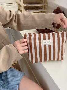 1 bolsa de maquillaje vertical de rayas frescas, bolsa de maquillaje minimalista de gran capacidad para llevar en la mano, bolsa de lona con cremallera y letras, bolsa de almacenamiento de maquillaje portátil, adecuada para viajes y uso diario