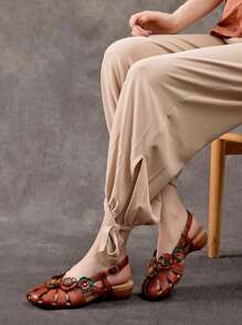 Women's Vintage Flower Decorated Comfortable Flat Sandals, Suitable For Beach, Outdoor And Boho Style