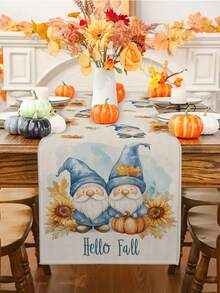 1 pieza/10 piezas Camino de mesa con patrón de girasoles y gnomos de otoño, para Acción de Gracias/Fiesta de Cosecha, decoración del hogar de estilo rústico, de material similar al lino, de 33*91CM/33*183CM/33*274CM, para decoración de fiestas interiores/exteriores, tema de calabaza, decoración de habitaciones, adecuado para decoración del hogar y eventos - Multicolor - Ver 1