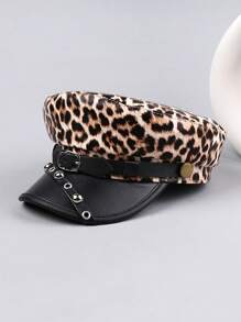 1 pièce Chapeau béret naval de style couple avec design unique, imprimé léopard mode punk, avec clous métalliques, boucle en cuir, décoration d'araignée, casquette gavroche en cuir PU vintage et délavé. Chapeau pour femmes, accessoire casquette gavroche pour l'automne