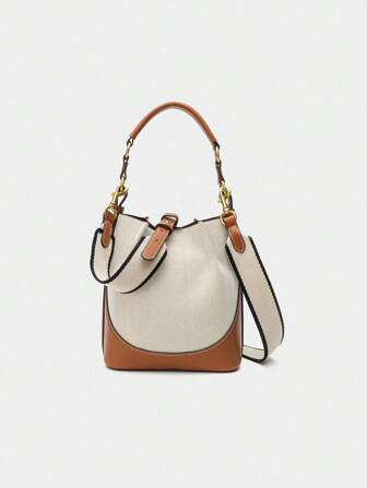 新款棕色褶皱抽绳女士水桶包，宽肩带斜挎包，用途广泛