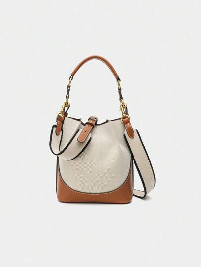 New Brown Pleated Drawstring Bucket Bag For Women, Wide Strap Crossbody Tote, Versatile