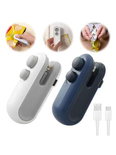 Kit 2 Unidades Mini Seladoras Recarregáveis Para Embalagens Plásticas – Selagem Rápida/ Portátil/ Fácil de Usar e Alta Qualidade
