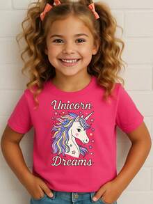Camiseta Blusa T Shirt Unicórnio Dreams  Infantis  Meninas 100% Algodão Desenhos,  Escola, Passeio e  Dia a Dia, Manga Curta, Primavera Verão/ Pré Adolescentes - Pink - Visão 2