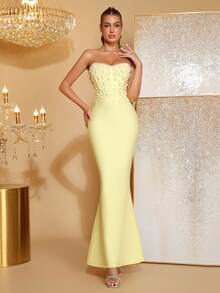Nuevo vestido de novia con decoración de perlas sin tirantes de color rosa sexy, vestido de fiesta y noche - Amarillo - Ver 2