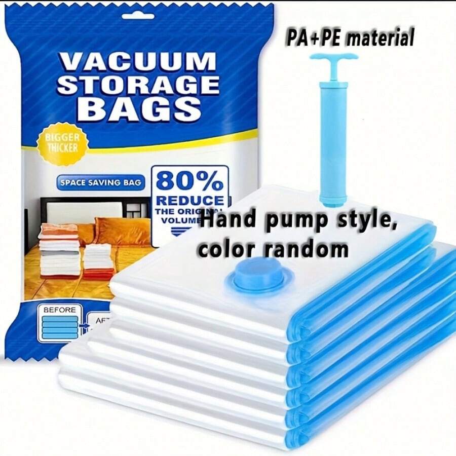 12pcs/Set PA+PE High Thickness Material Vacuum Storage Bags With Hand Pump, Independent Packaging Large Capacity Transparent Design, Space Saving And Sealing Items. Suitable For Clothes, Bedding, Dorm, Wardrobe, Moving Or Under Bed Use, Travel Essentials - Blue and White - View 1