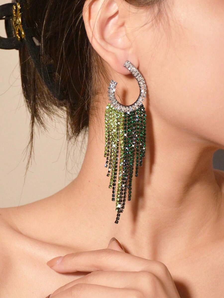 1 Cặp Hoa tai dài tối giản lấp lánh Cubic Zirconia Rhinestone phong cách Bohemian độc đáo, thích hợp cho tiệc tùng và đeo hàng ngày của phụ nữ - màu xanh lá - Xem 1
