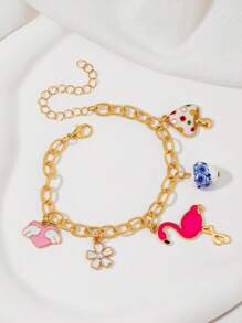 1pc Women's Golden Mushroom, Heart & Flower Pendant Chunky Chain Bracelet, European & American Chic & Sweet Style