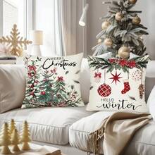 4pcs, Merry Christmas Throw Pillow Covers, Rustic Christmas Tree Glove Eucalyptus Leaf Red Stripe Pillow Covers, Winter Holiday Farmhouse Home Decor Pillow Covers