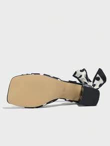 Sandale cu toc înalt pentru femei, potrivite pentru petreceri, activități în aer liber, călătorii, vacanțe la modă, toc gros, vârf pătrat, eșarfă cu buline, fundă, textură de piatră strălucitoare, culoare uni, sandale negre elegante de înaltă calitate - Negru - Vizualizare 8