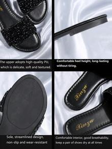 2025 New Design Women's Slides Slippers, Square Heel Flat Round Toe, Rhinestone & Faux Pearl Decor, Plus Size, Lightweight Luxury Casual Non-Slip Sandals, Versatile,Spring Summer Outfits - Black - View 6