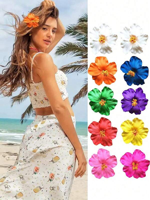 12PCS Hawaiian Flower Hair Clips, Plum Blossom Foam Hair Clips, Hawaiian Tropic Party Decorations, Beach Swimming Pool Holiday Clothes, Hawaiian Party Supplies, Bride Wedding.