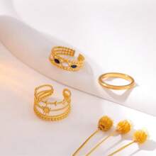 1 Set (3pcs) Stainless Steel Adjustable Gold Open Rings With Black/White Stars & Crescent Moon Designs