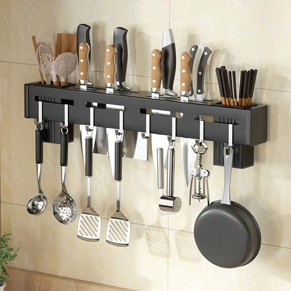 1pc Of Wall-Mounted 50Cm Kitchen Knife Rack With 8 Hooks, Suitable For Both Drilled And Non-Drilled Installation, Ideal For Home Use To Hold Knives And Chopsticks.
