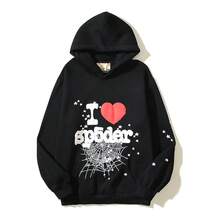 Men Hoodies With Spider Web I Love Heart Foam Logo Oversized Fit Casual Pullover Hooded Sweatshirt Hoodies For Men Ropa De Hombre - 黑色 - 查看 1
