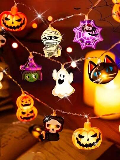 1 件混合风格南瓜灯蜘蛛女巫灯串，万圣节装饰，10 个 LED，电池供电，卧室，万圣节，秋季，夏季，万圣节灯，鬼屋，节日派对用品（不含电池）