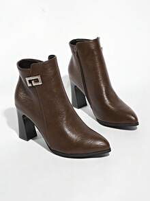 2025新款冬季女士绒面高跟踝靴，细跟，时尚保暖内衬皮鞋 - 棕色 - 查看 2