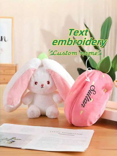 1pc Customized Personalized Text/Name Plush Rabbit Doll, Customized Plush Doll, Customized Plush Animal Doll, Strawberry Rabbit Doll, Strawberry Doll Transformed Into Cute Plush Rabbit Doll, Using Heat Transfer Printing Technique To Customize Your Text, Name. Three Shapes Transformed Into Strawberry Rabbit, Customized Birthday Gift, Holiday Gift, Living Room Decor, Bedroom Decor.
