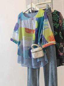 YUXIN Nueva blusa de gasa con estampado y cuello redondo, diseño suelto 2 en 1 para primavera/verano