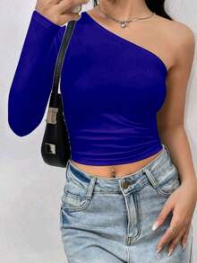 Women's Cropped Top T-Shirt Blouse With One-Shoulder Neckline Suplex Fabric Ideal For Going Out On Casual Romantic Elegant And Sophisticated Dates - 寶藍色 - 查看 3