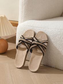 全新天然亚麻女士露趾拖鞋，天然亚麻家居拖鞋 - 黑色 - 查看 5