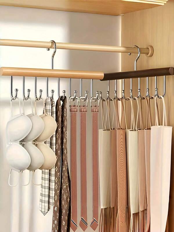 Houten hangkastorganizer met 8 haken, multifunctioneel garderoberek voor ondergoed, vesten, dassen, sjaals, tassen, ruimtebesparende kastorganizer voor kleding, broeken en riemen | Opbergaccessoire voor thuiskeukens