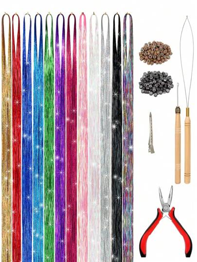 48Inches Glitter Rainbow Tinsel Hair Extension With Tool Mixed Colors Hair Extension Tinsel Kit Glitter Rainbow Hair Extensions For Women And Girls Pride Month Activities Accessories