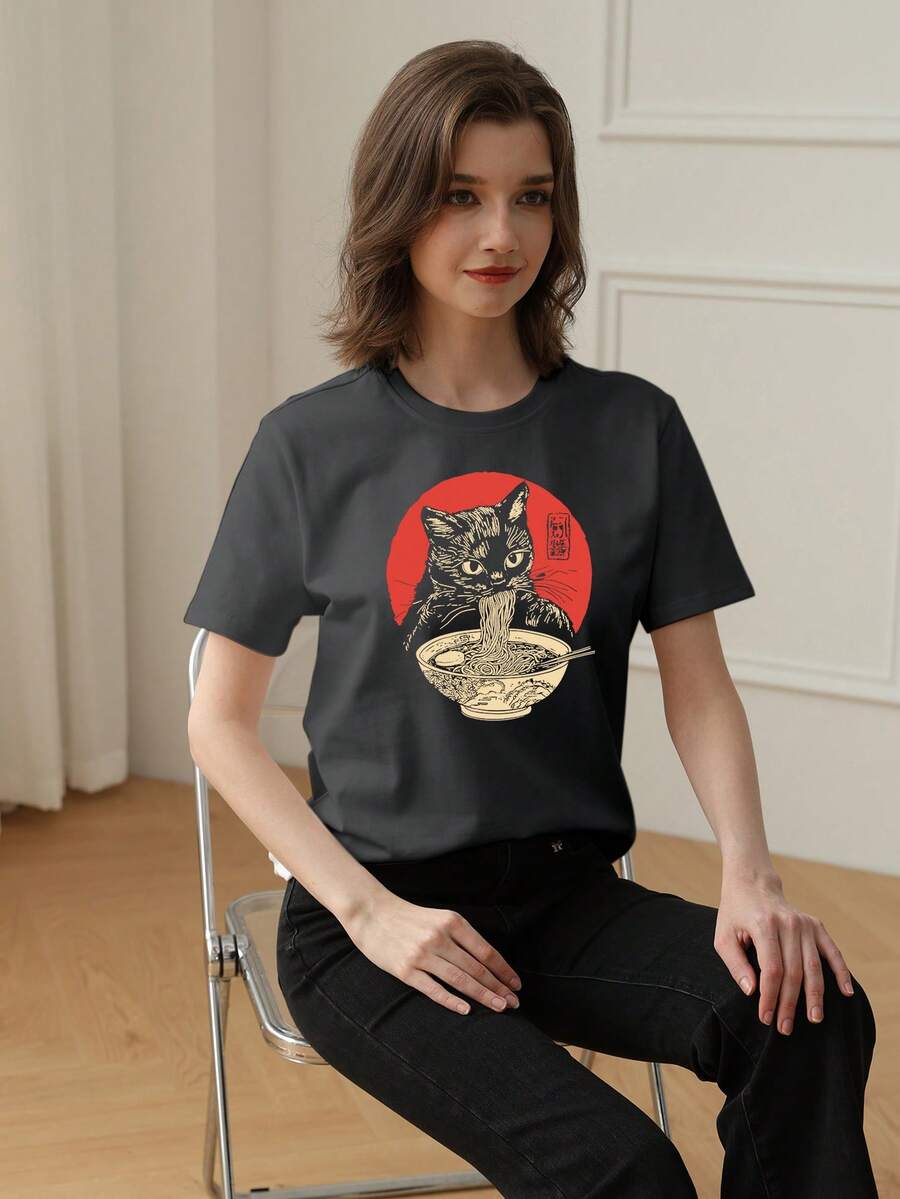1 Stück Mädchen Lässig bedrucktes Rundhals Kurzarm T-Shirt, Sommer Schüler Streetwear - Sport Enten Kunst Stil T-Shirt, das Vorstellungskraft und Selbstausdruck anregt