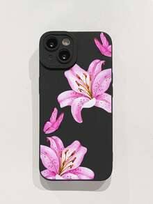 1pc INS Style Pink Floral Lily Flower & Butterfly Pattern Black Soft Anti-Slip Phone Case, Compatible With IPhone Case & Galaxy Case, Fits IPhone 13, 15, 16 Pro Max, IPhone 16, IPhone 14, IPhone 16 Plus, Galaxy Cases - Multicolor - View 8
