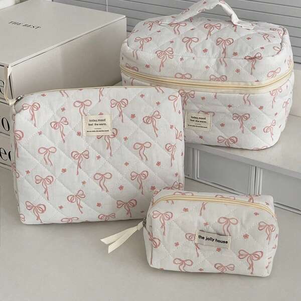Soft Fabric Makeup Bag With Stitching, Pink Bow & Floral Design, Large Capacity Zipper Pouch, Handbag, Toiletry Bag, Travel Organizer, Cosmetic Accessories Storage For Women