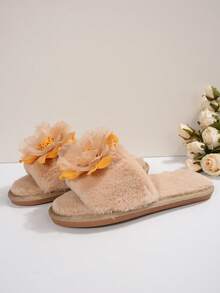 Pantuflas casuales con parche floral encantador para mujer, nuevas para otoño 2025. Pantuflas suaves y cálidas para exteriores en otoño/invierno con suela suave y esponjosa