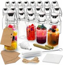 4 Oz Flip Top Glass Bottle Stopper Set| 20 Pack  Round Swing Top Glass Bottles For Juicing /Shrink Wrap, Paper Tags + String, Foldable Funnel, Cleaning Brush & Gold Glass Marker - 20 - View 1