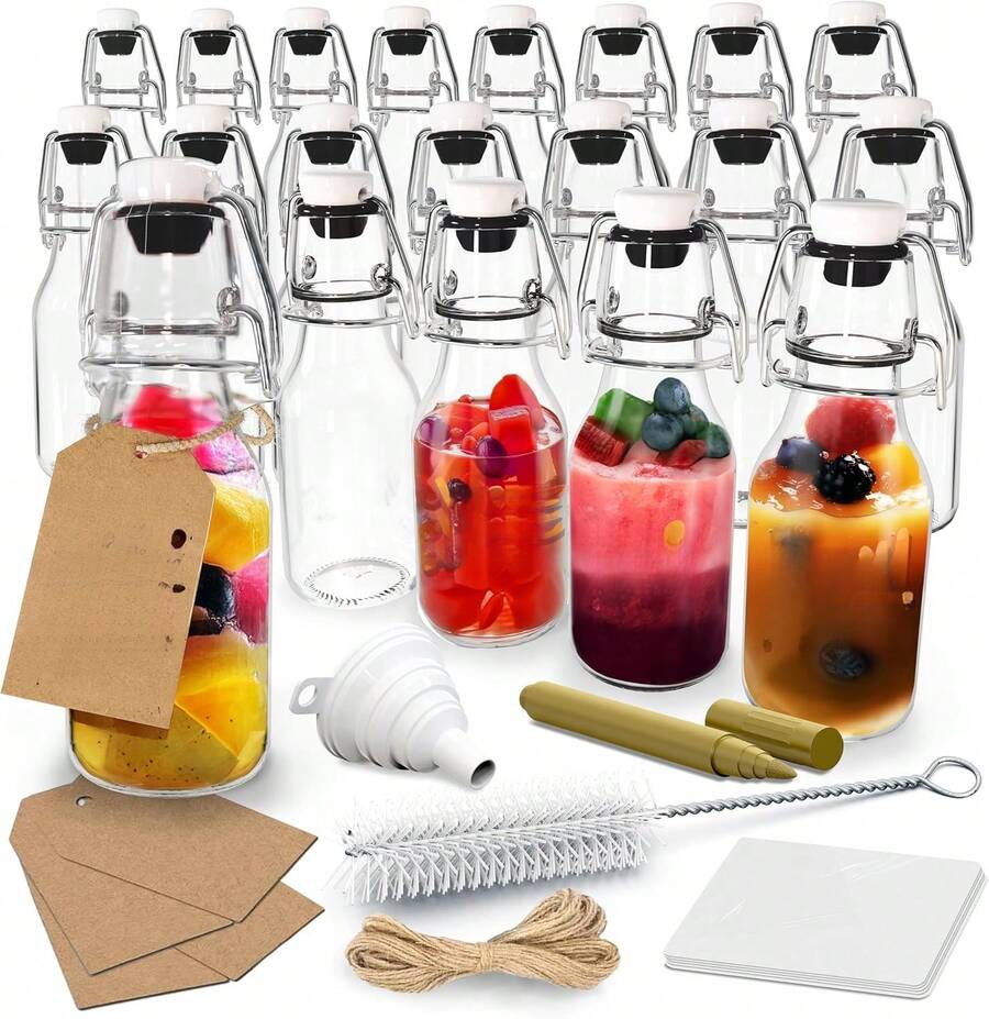 4 Oz Flip Top Glass Bottle Stopper Set| 20 Pack  Round Swing Top Glass Bottles For Juicing /Shrink Wrap, Paper Tags + String, Foldable Funnel, Cleaning Brush & Gold Glass Marker - 20 - View 1