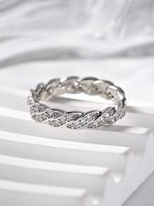 1 Pc Fashion Rhinestone Decorative Woven Design Women's Ring,Silver Cross Wave Ring,Summer Vacation Accessory,Delicate And Elegant Women's Jewelry,Suitable For Daily,Stacking,Party,Anniversary,Wedding,Valentine's Day Gift.