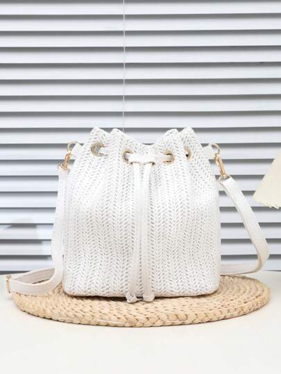 1pc Essential Summer Item, Woven Bucket Bag, PP Material, Vertical Style Crochet Women Handbag, PU Color Block Shoulder Bag, Summer Beach Crossbody Bag, Drawstring Design Multi-Purpose Women's Bag, Casual Versatile Vacation & Outdoor Use, Gift
