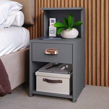 Bedside Table With Shelf And Drawer With Compact Retro Shell Handle - 灰色 - 查看 4