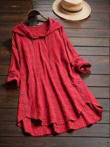 Plus Size Plaid Print Decorative Button Drawstring Hooded High-Low Hem Lightweight Top Spring Red - Red - View 1