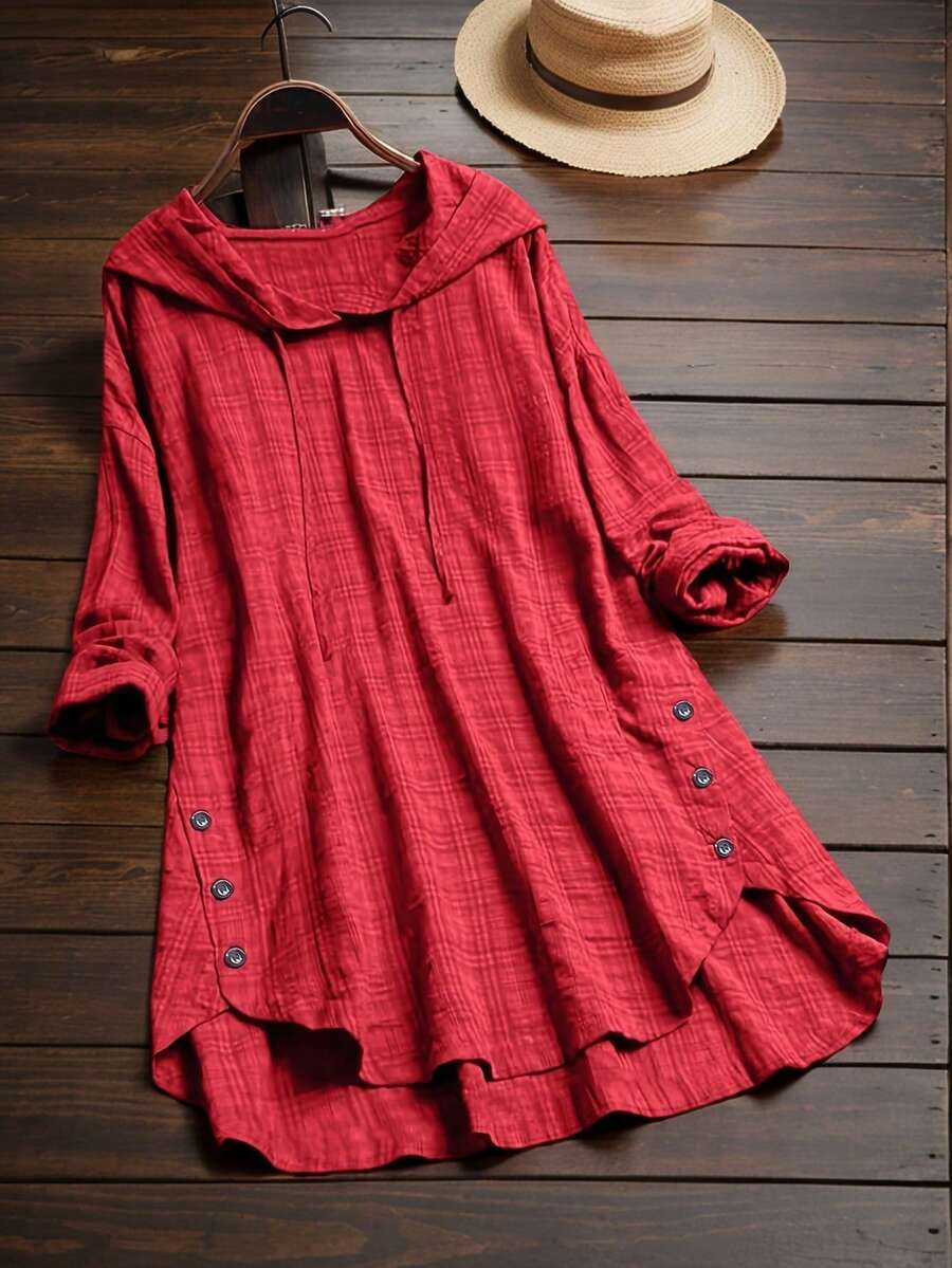 Plus Size Plaid Print Decorative Button Drawstring Hooded High-Low Hem Lightweight Top Spring Red - Red - View 1