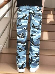 Tween Girls Camo Print Flap Pocket Cargo Pants, Vintage Loose Drawstring Straight Leg Jeans