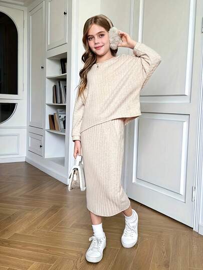 2pcs Girls' Solid Color Casual Long Sleeve Top + Apricot Dress Set, Spring/Autumn