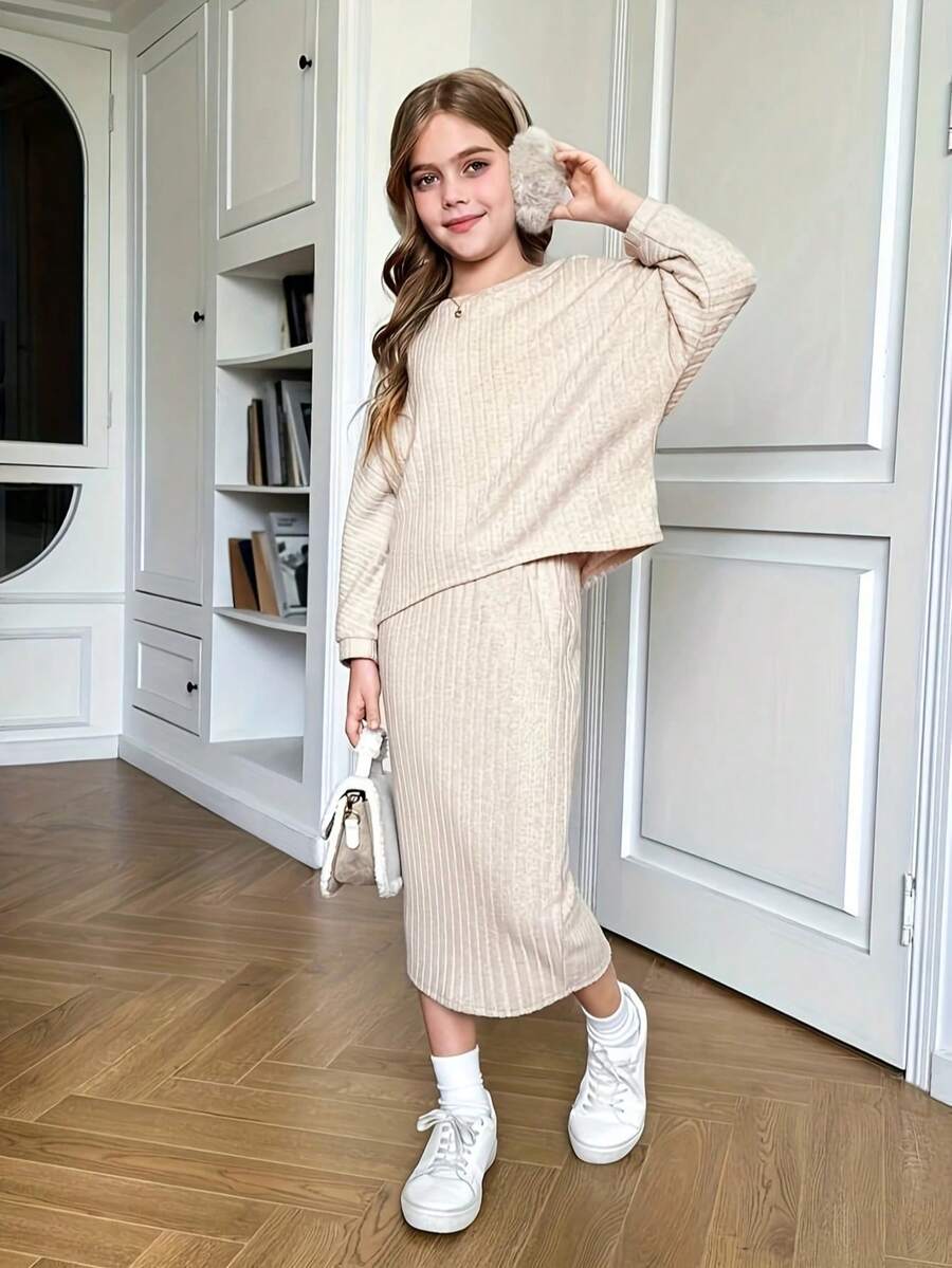 Setelan 2pcs Atasan Lengan Panjang Kasual Warna Polos untuk Anak Perempuan + Gaun Aprikot, Musim Semi/Musim Gugur - Aprikot - View 1