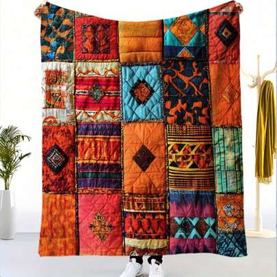 1 Bohemian-Style Patchwork Blanket - A Vibrant -Inspired Flannel Blanket Decorated With Geometric And Floral Patterns, Suitable For All Seasons, Soft And Warm, Perfect For Sofas, Beds, Camping, Travel, Home Decor Gifts, And Exquisite Patchwork Blankets. Bedroom. Blanket. Winter. Christmas. Room Decor.