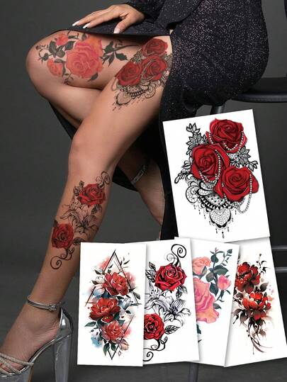 5pcs/Set Colorful Floral Arm Temporary Tattoos - Fashionable Personalized Rose & Peony Patterns, Suitable For DIY, Anime Conventions, Carnival, Music Festivals, Valentine's Day, Party Gifts, Waterproof Realistic Tattoo Stickers For Sexy Thigh, Chest, Abdomen, Back, Shoulder, Collarbone