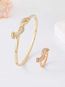 1 Conjunto Pulseira e Anel de Zircônia Torcida de Micro Incrustação, Conjunto de Joias de Luxo Feminino, Acessórios de Empilhamento Diário e de Festa