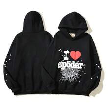 Men Hoodies With Spider Web I Love Heart Foam Logo Oversized Fit Casual Pullover Hooded Sweatshirt Hoodies For Men Ropa De Hombre - 黑色 - 查看 2