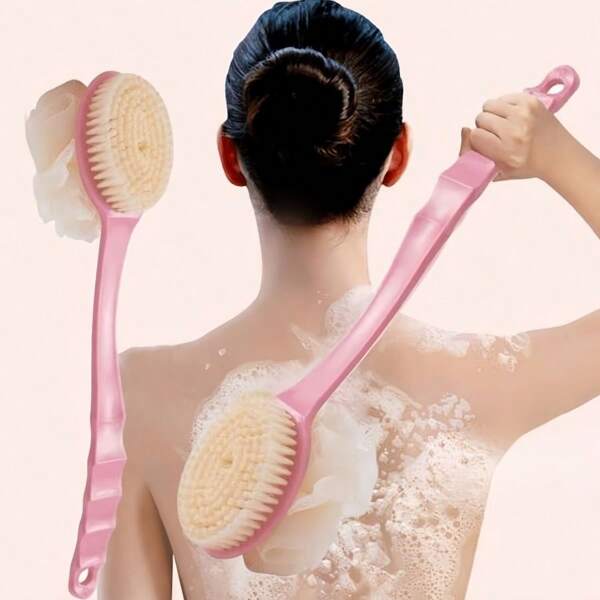 1 pièce Brosse de bain à poils doux à double face et manche long, Masseur corporel et éponge de douche exfoliante 2 en 1
