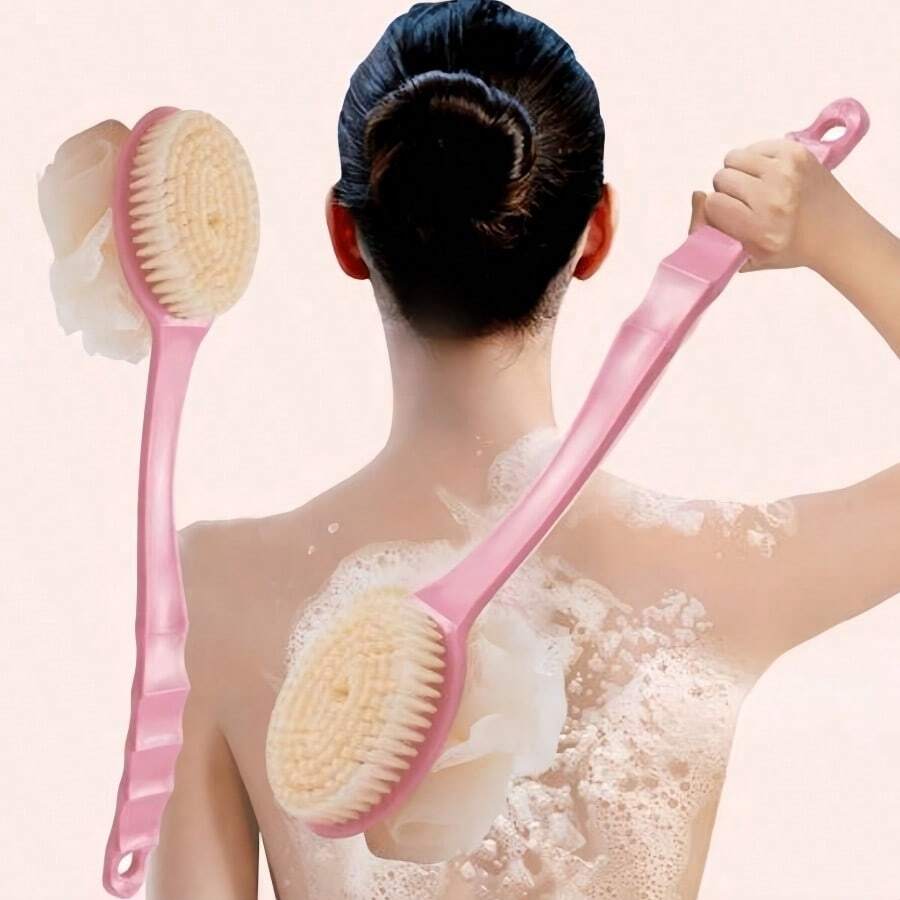 1 pièce Brosse de bain à poils doux à double face et manche long, Masseur corporel et éponge de douche exfoliante 2 en 1
