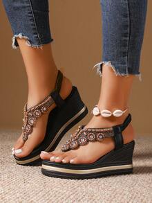 女式夏季罗马风格波西米亚复古简约休闲一脚蹬坡跟人字凉鞋，户外