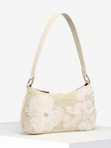 1 件女士复古度假草编贝壳珍珠樱花串珠吊坠斜挎包，适合约会、郊游、度假 - 米色 - 查看 2